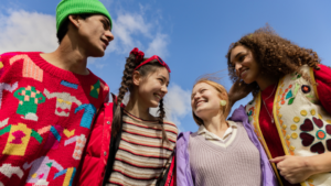 Diverse group of friends, smiling with each other