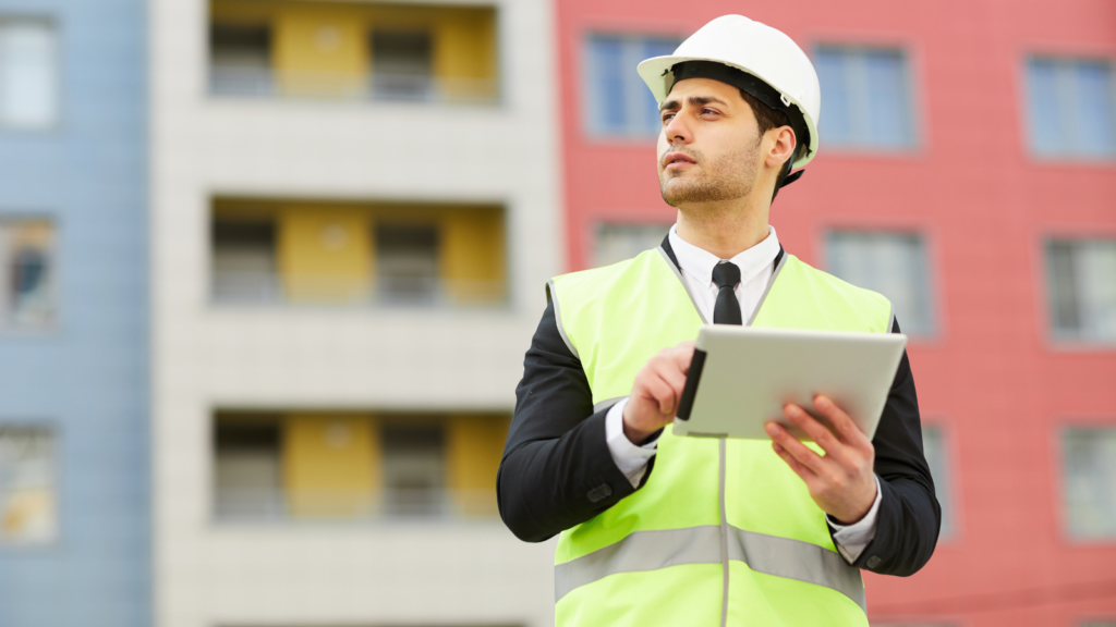 Site Manager in a high vis and hard hat with a clipboard on a construction site