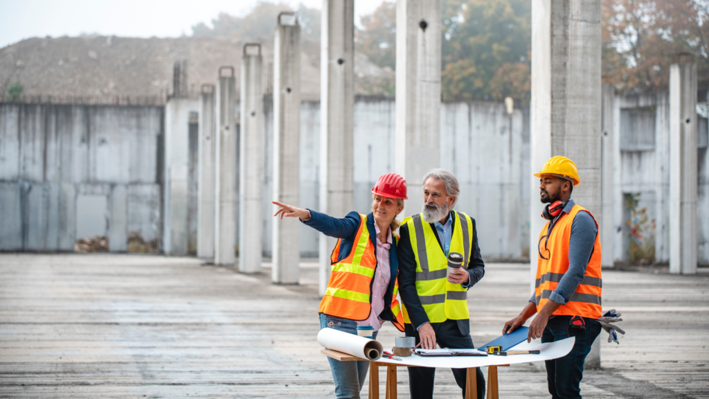 Site Manager with two other colleagues in high vis on a construction site looking at blueprints