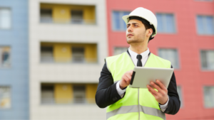 Professional man with hardhat holding tablet