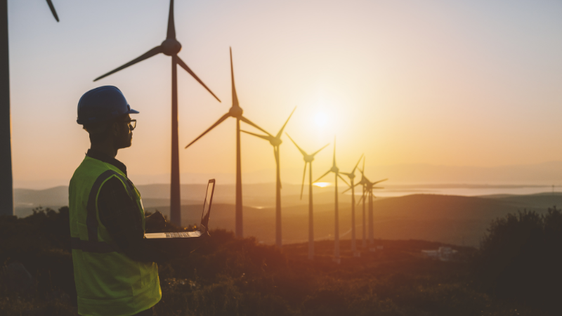 Man with laptop stood by turbines