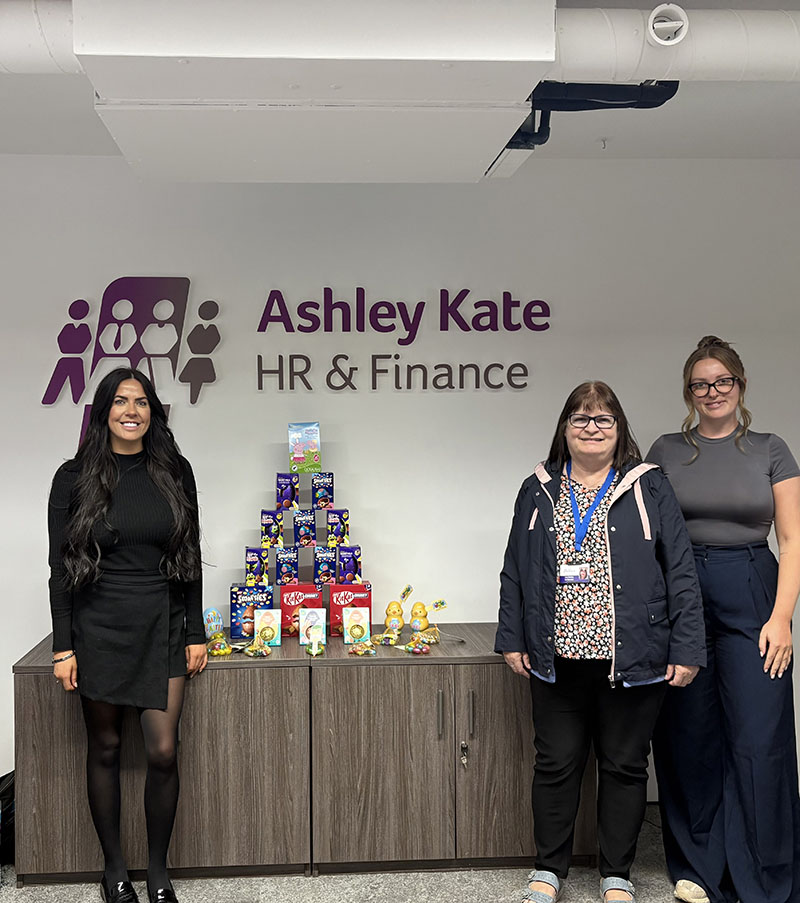 Katy Harland donating Easter Eggs to Doreen's Hull