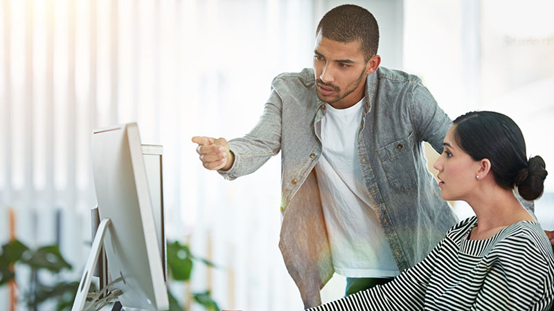 Manager reviewing plan on colleague's computer